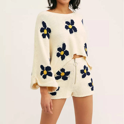 Ropa de mujer, pantalones cortos de lana de manga larga con estampado floral, ropa de casa de dos piezas