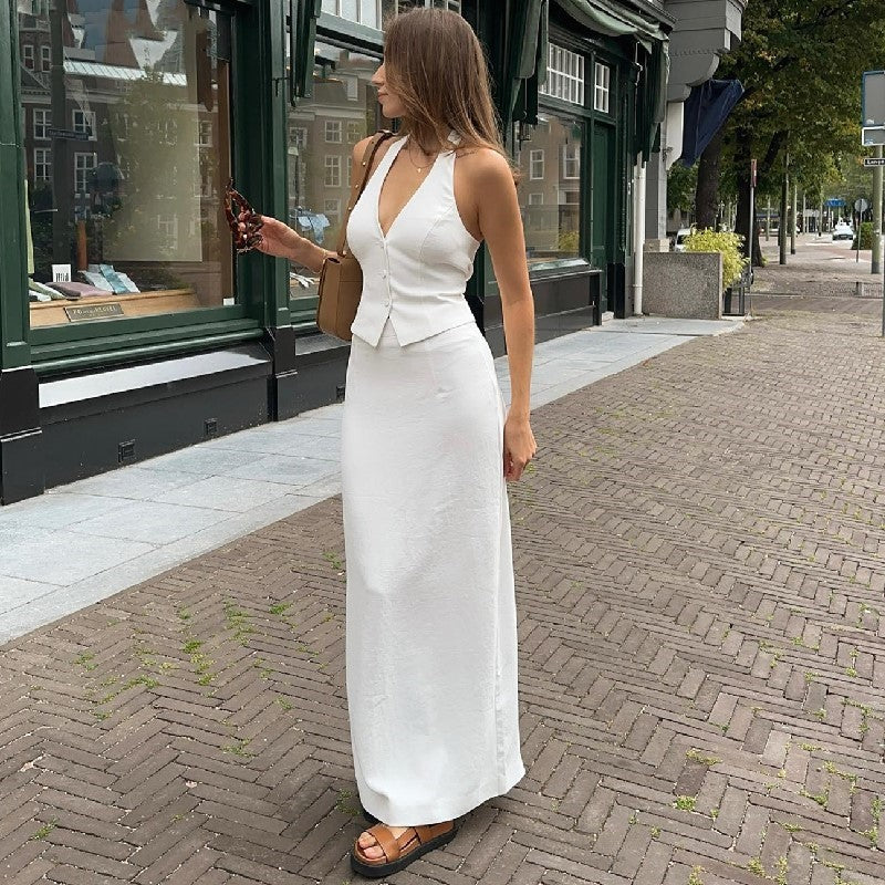 Ropa de otoño para mujer, traje sexy de dos piezas con escote en V, top con tirantes y falda con abertura en la cintura baja