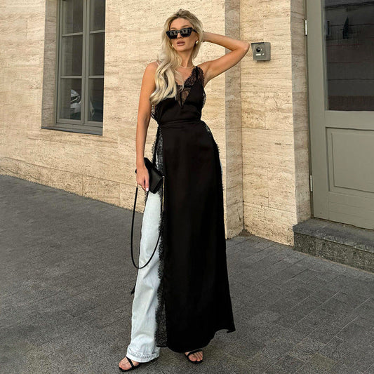 Vestido sexy de primavera y verano con escote en V y encaje de color liso para mujer