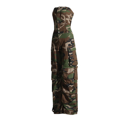 Mono de mujer con estampado de camuflaje personalizado y a la moda, estilo bandeau, ajustado, ropa de trabajo adelgazante, pantalones casuales para mujer