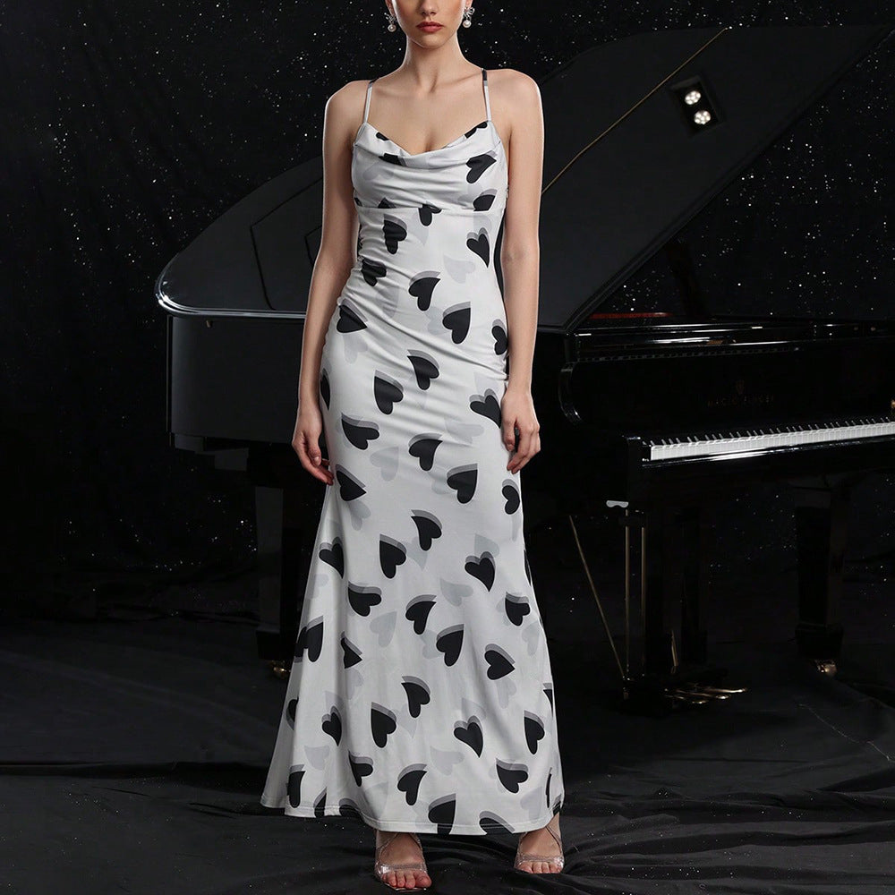 Vestido de verano para mujer, sexy, con tirantes, estampado de corazones, sin espalda, ajustado, para vacaciones