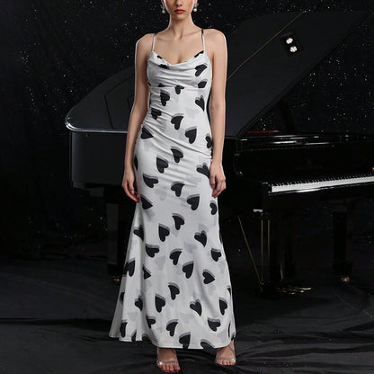 Vestido de verano para mujer, sexy, con tirantes, estampado de corazones, sin espalda, ajustado, para vacaciones