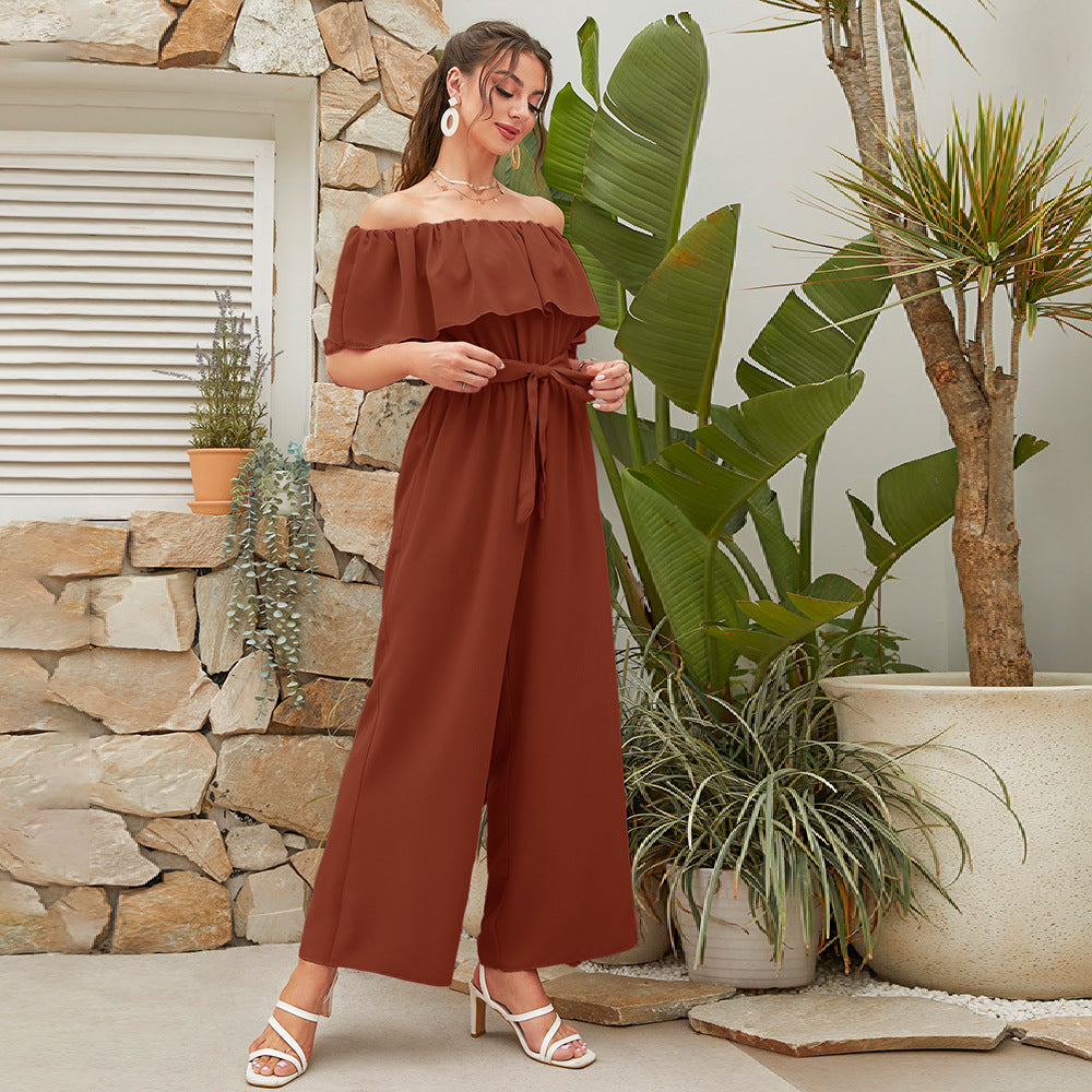 Pantalones anchos de pierna con cordones y mangas con volantes y hombros descubiertos para mujer