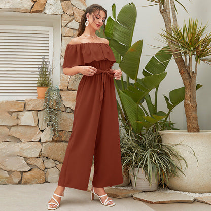 Pantalones anchos de pierna con cordones y mangas con volantes y hombros descubiertos para mujer