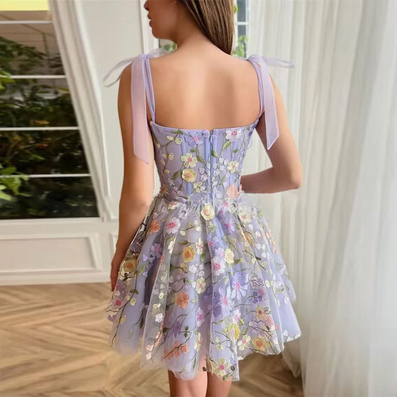 Vestido camisero sexy de organza con bordado floral tridimensional para mujer