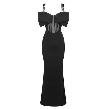 Vestido largo semitransparente de invierno con lazo y tiras de diamantes de imitación negros, vestido ajustado para mujer