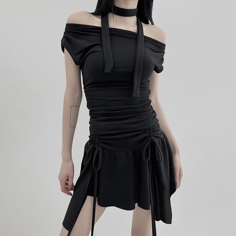 Vestido sexy de encaje con cordón, plisado, ajustado, irregular, asimétrico, para múltiples usos, con hombros descubiertos y corte entallado.