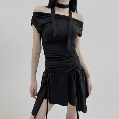 Vestido sexy de encaje con cordón, plisado, ajustado, irregular, asimétrico, para múltiples usos, con hombros descubiertos y corte entallado.