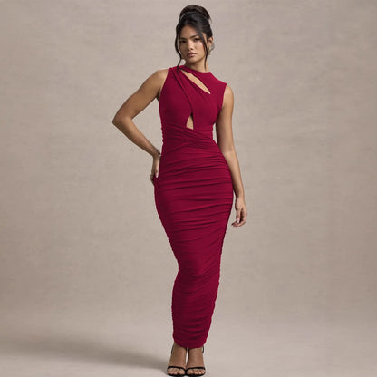 Vestido tubo elegante de cuello redondo sin mangas ajustado plisado para mujer Otoño Invierno