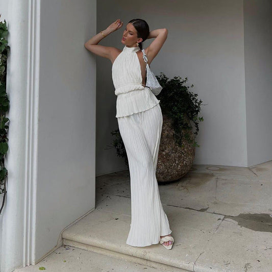 Chaleco sin mangas con espalda descubierta y cuello halter, sexy, blanco, plisado, cintura alta, pantalones anchos, traje para mujer con textura