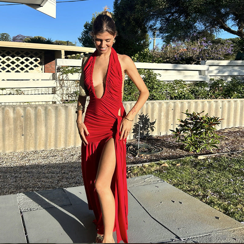 Vestido elegante de otoño e invierno para mujer, con cuello halter, espalda descubierta, escote en V profundo, plisado y abertura alta.