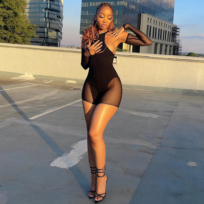 Traje de unión ajustado con costuras de malla, color sólido, sexy, transparente, pantalones de una pieza, leggings transpirables para culturismo para mujer