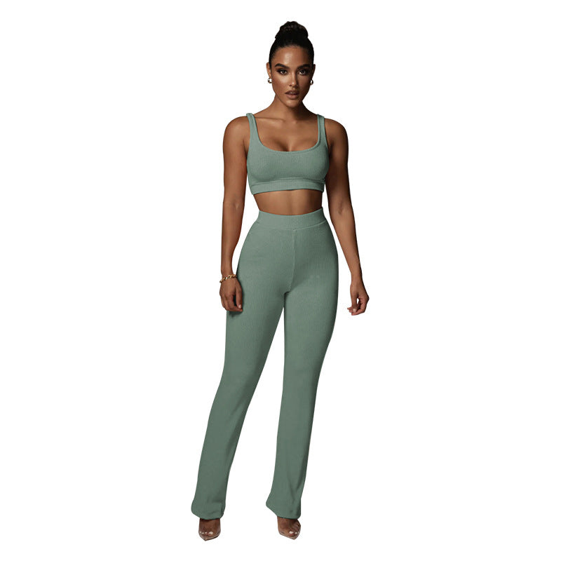Pantalones de yoga ajustados, rectos, rectos y a la cadera, color liso, sin mangas, conjunto informal