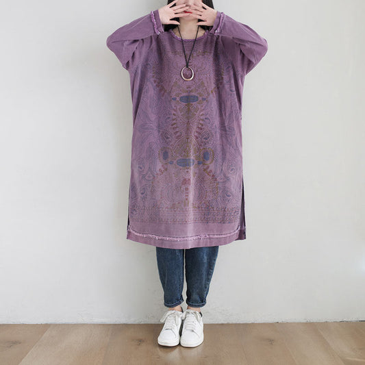 Suéter con personalidad, arte étnico, cuello redondo, largo medio, vestido morado degradado