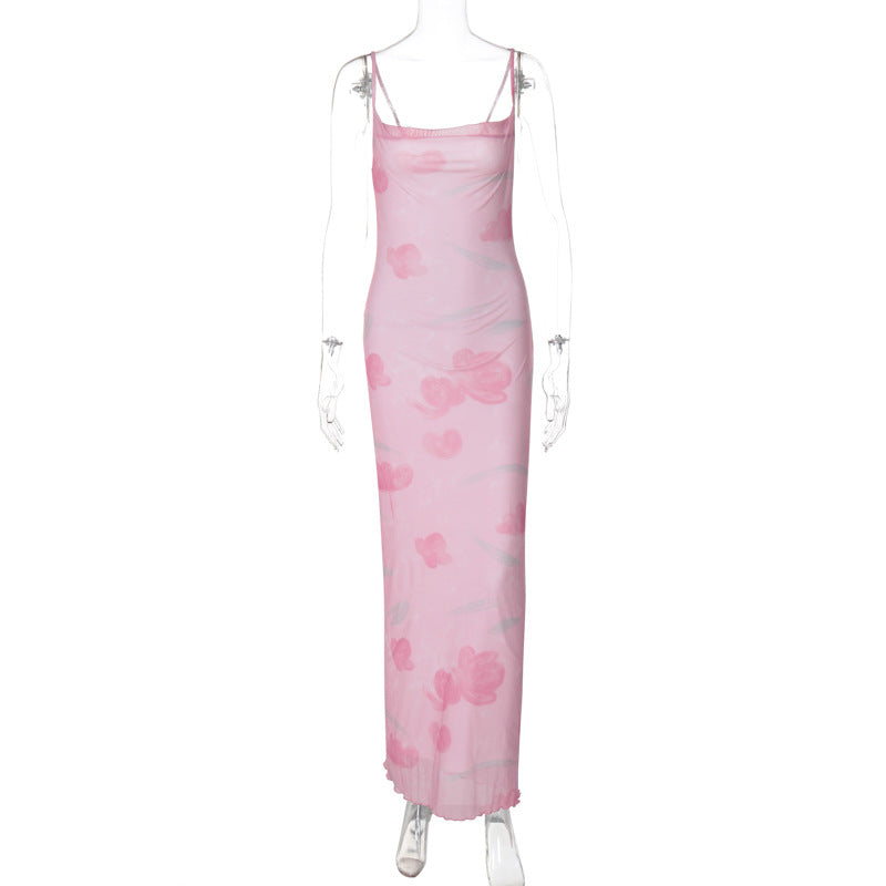 Vestido largo de verano con estampado floral, de malla, sexy, dulce y picante, con escote pronunciado