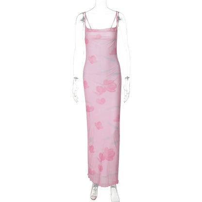 Vestido largo de verano con estampado floral, de malla, sexy, dulce y picante, con escote pronunciado