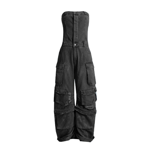 Mono vaquero de verano con múltiples bolsillos y cintura rasgada para adelgazar y sexy para mujer