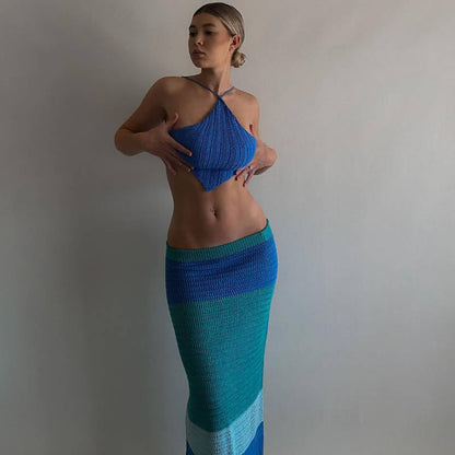 Delantal de punto con cuello halter y tirantes para playa, top corto sin espalda con cordones, vestido de media longitud para mujer