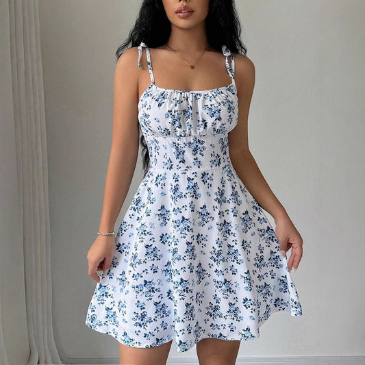 Vestido mini con cuello cuadrado y cintura con tirantes florales para mujer, ropa de primavera y verano
