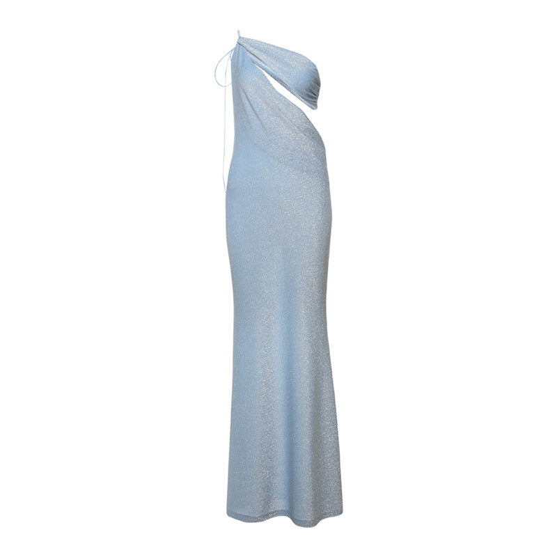 Vestido largo ajustado sin espalda con cuello diagonal y cordones para mujer de invierno