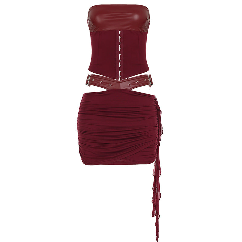 Conjunto de falda y top de tubo con cordones y cintura moldeada estilo vintage para mujer, de cuero, con aberturas en la muñeca y cortes colgantes