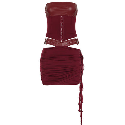 Conjunto de falda y top de tubo con cordones y cintura moldeada estilo vintage para mujer, de cuero, con aberturas en la muñeca y cortes colgantes