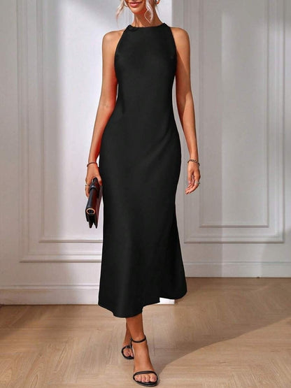Vestido de satén para mujer, ropa de primavera y verano, sin mangas, con abertura, de satén y seda sintética.