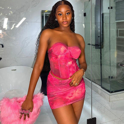 Traje de dos piezas con falda y chaleco estampado bandeau sexy para mujer de verano