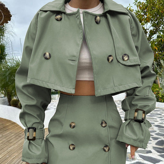 Ropa de otoño para mujer, ropa de trabajo británica corta de alta calidad, abrigo, falda a la cadera, conjunto retro