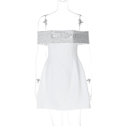 Women Clothing Winter Fashionable Elegant Sexy Slim Fitting Patchwork off the Shoulder Gown Dress