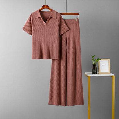 Ropa de mujer, jersey de cuello polo, top de manga corta, pantalones anchos de color liso adelgazantes, traje de punto