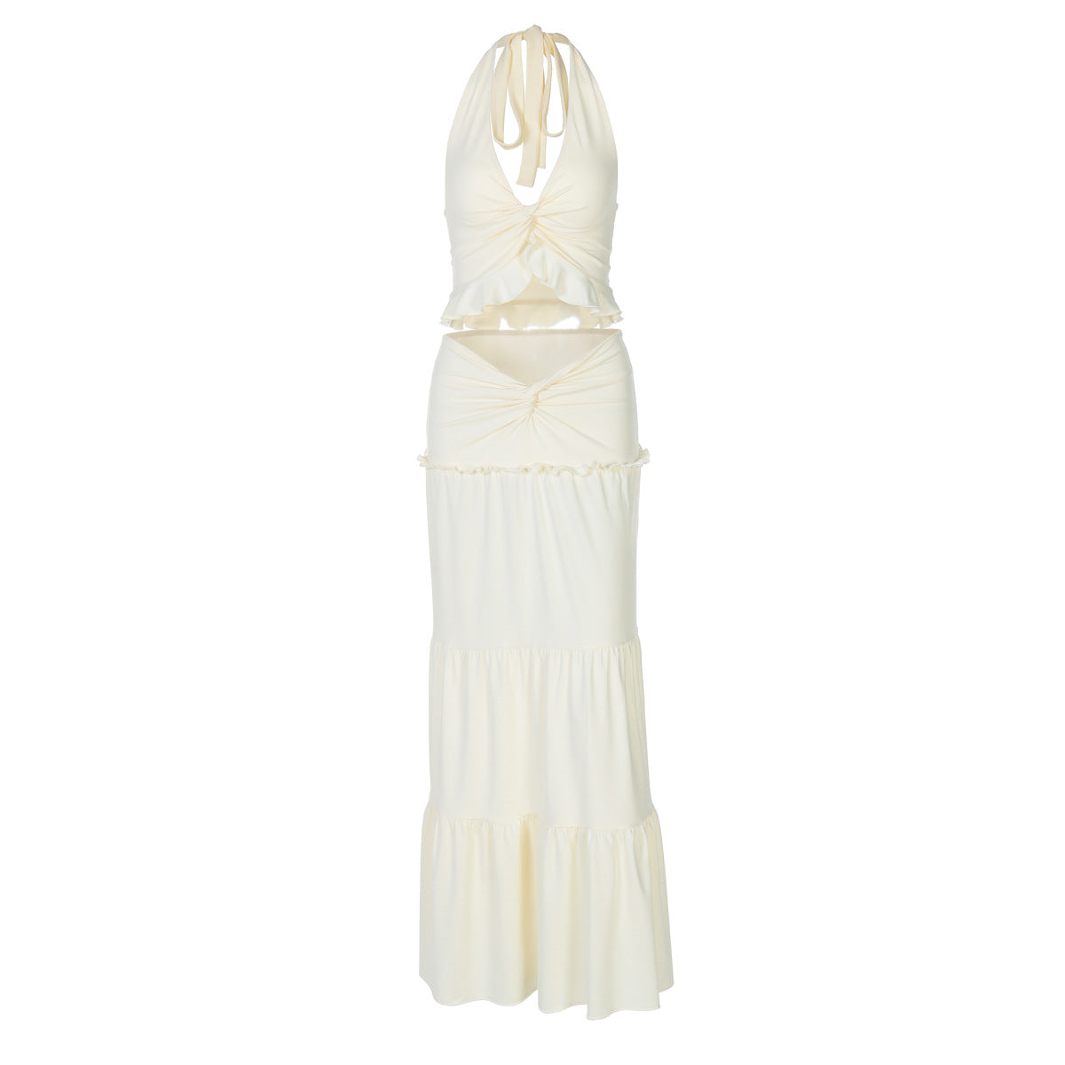 Conjunto de ropa de invierno para mujer, sexy, con escote en V, volantes, tirantes finos y falda retorcida
