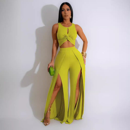 Conjunto de dos piezas de traje informal con chaleco dividido y pantalones de pierna ancha para mujer