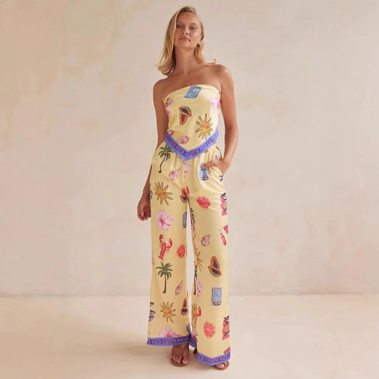 Conjunto de dos piezas de top de tubo con estampado sexy de posicionamiento de verano y pierna ancha