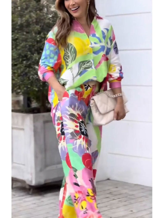 Conjunto de camisa holgada de manga larga para oficina, pantalones anchos de cintura alta para mujer, artesanía amplificada