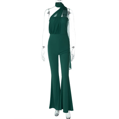 Mono elegante de verano con cuello halter y lazo para mujer