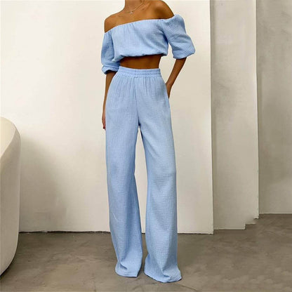 Traje informal de dos piezas para mujer, de verano, de algodón puro, color sólido, con cuello halter, manga corta, cintura alta, pantalones anchos y pierna.