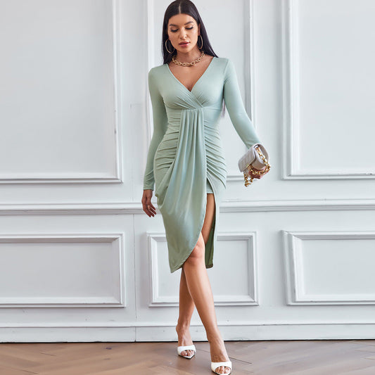 Vestido de punto con cuello en V, manga larga, ajustado, informal, elegante, para otoño e invierno