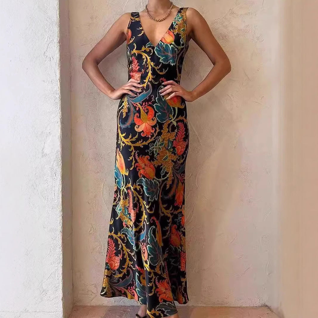 Vestido largo sin mangas con estampado de posicionamiento y espalda descubierta