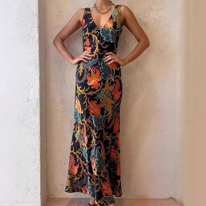 Vestido largo sin mangas con estampado de posicionamiento y espalda descubierta