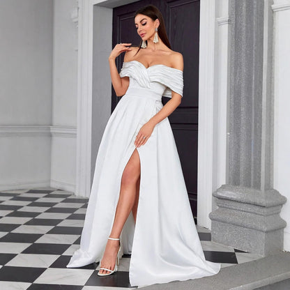 Vestido de noche con hombros descubiertos, sexy, con abertura, elegante, ligero, de lujo, sin espalda, vestido formal para presentadora, vestido para sesión de fotos