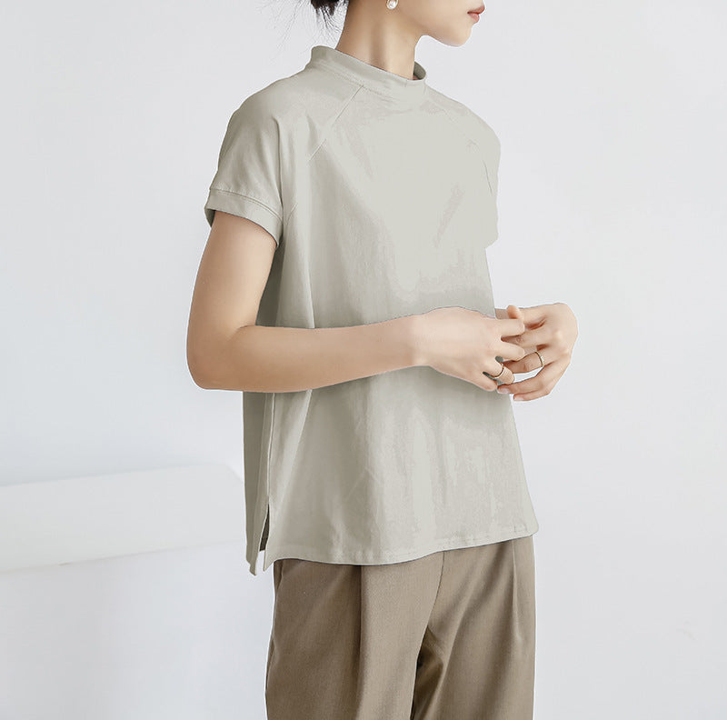 Camiseta de algodón de verano de color liso de manga corta para mujer, jersey francés con abertura lateral.