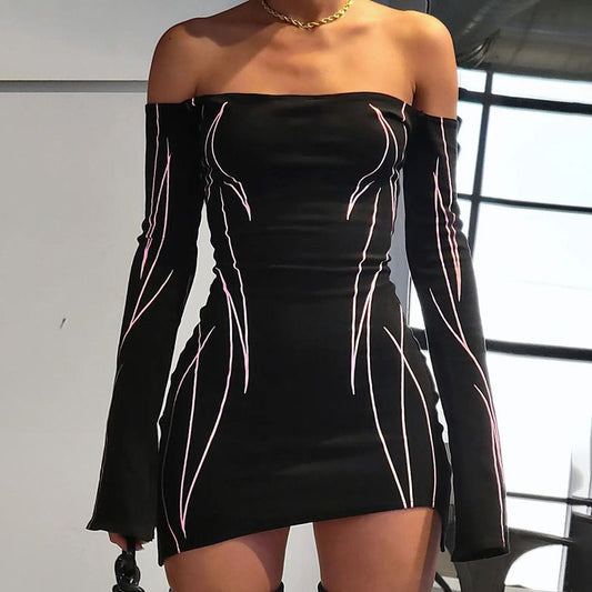Women Clothing Striped Printed Skinny Off Shoulder Tube Top Dress Sheath