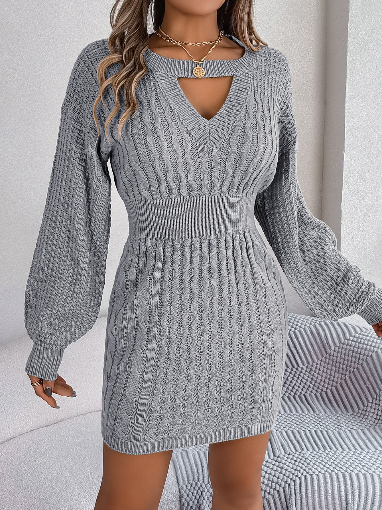 Vestido tipo suéter con mangas abullonadas y aberturas para mujer, color liso, para otoño e invierno