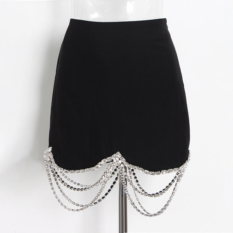Conjunto de falda de otoño con costuras de cadena de diamantes de imitación, falda corta negra ajustada
