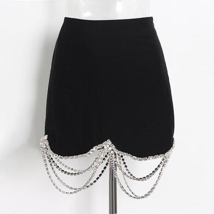 Conjunto de falda de otoño con costuras de cadena de diamantes de imitación, falda corta negra ajustada
