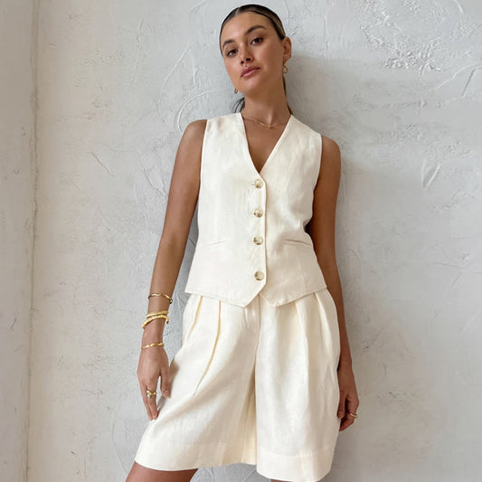 Chaleco sin mangas de lino y algodón beige para mujer, traje de verano holgado y transpirable, traje de dos piezas