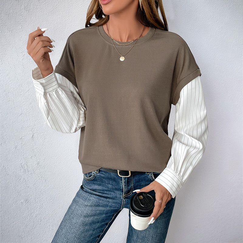 Sudadera informal de otoño de manga larga de imitación de dos piezas de punto a juego con cuello redondo