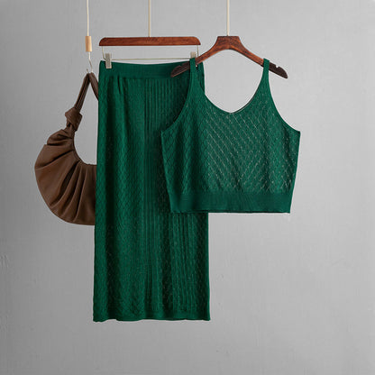 Conjunto de dos piezas de falda de punto con tirantes finos cortos y aberturas de verano