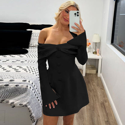Vestido corto sexy con escote pronunciado y hombros descubiertos para mujer, mangas acampanadas y cintura adelgazante.